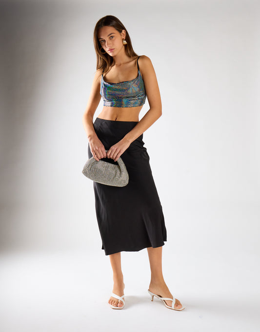 Silver Holographic Cowl Neck Crop Top