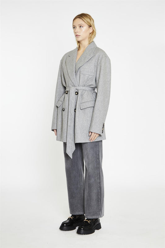 Grey Belted-Button-Front Oversized-Coat