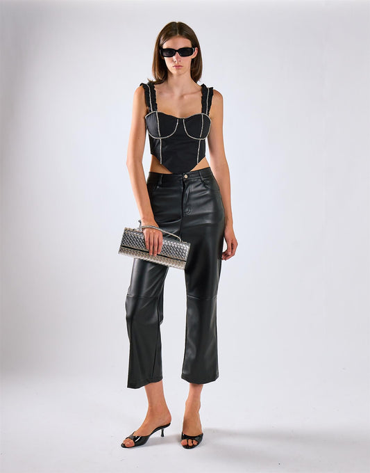 Black Pu Straight Leg Trousers