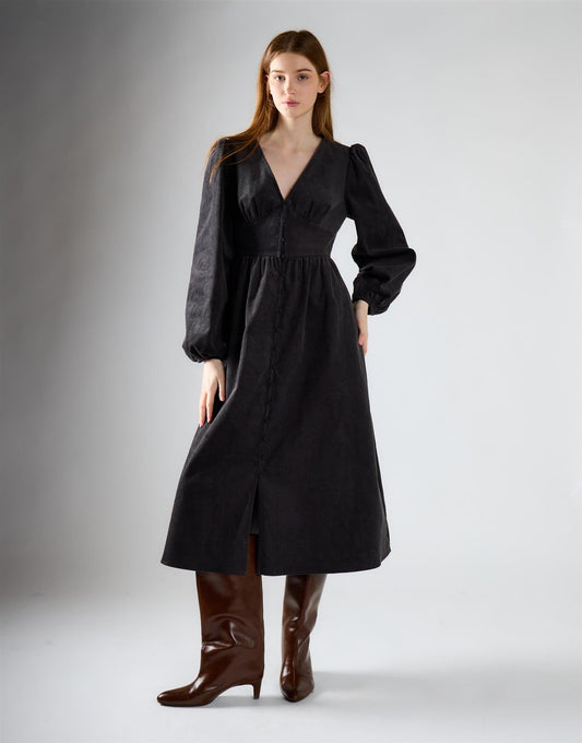 Dark Grey Corduroy V-Neck Button Midi Dress
