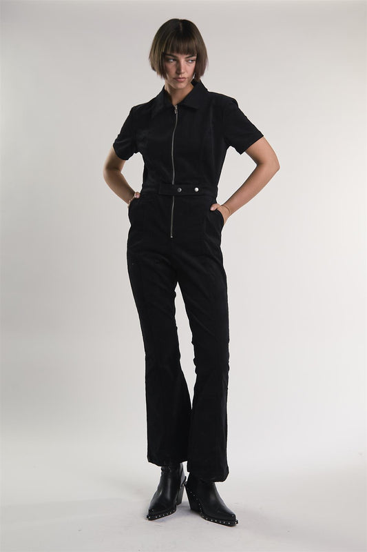 Black-Baby-Cord Belted Long-Jumpsuit