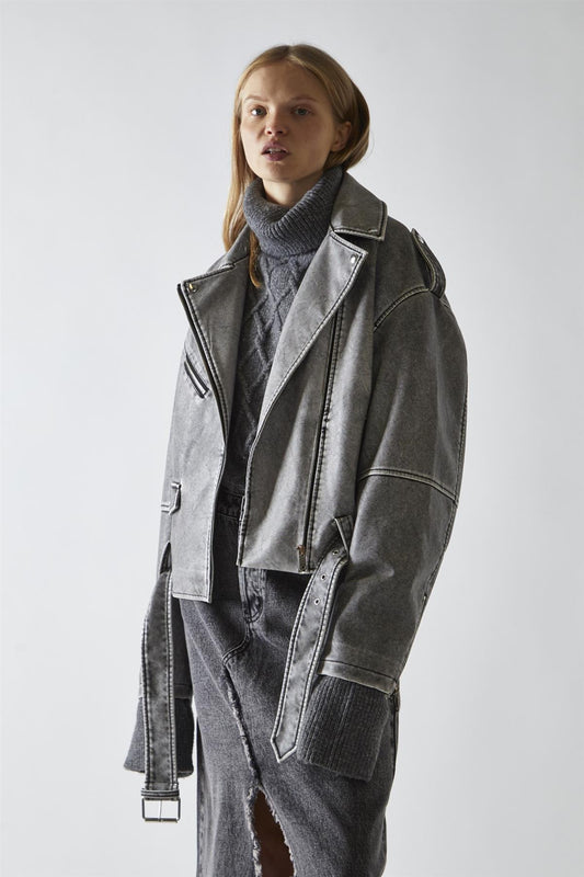 Biker Long sleeve Jacket - Grey Distressed Pu