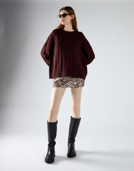 Oxblood Cable Knit Crew Neck Jumper