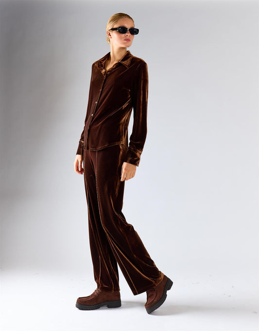 Brown Velvet Long Sleeves Button-Down Shirt