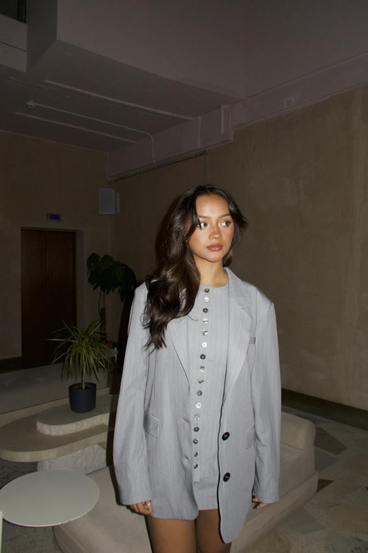 Grey Pinstripe Collared Oversized-Jacket