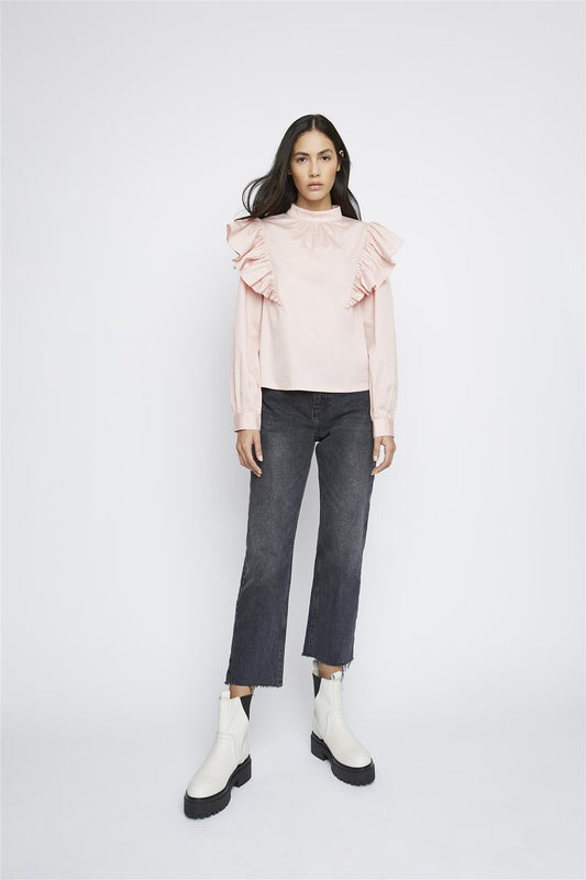 Pink Frill Shoulder Long-Sleeve-Top