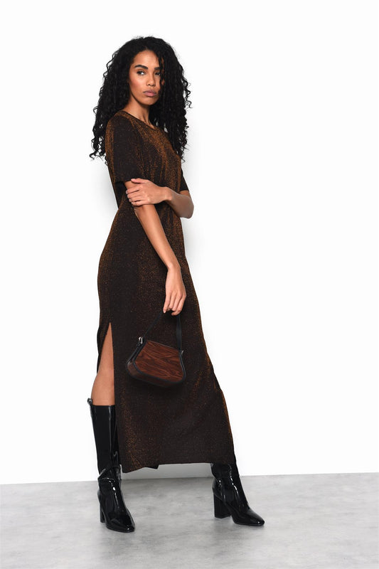 Round Neck Split Front Maxi Dress in Black Bronze Lurex
