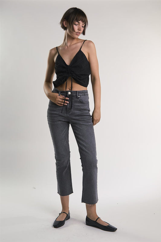 Black Gathered Sleeveless Crop-Top