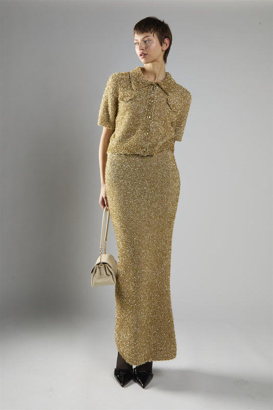 Gold Tinsel Button-Front Collar Short Sleeve Top