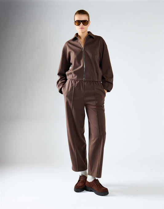 Dark Brown Elastic-Waist Straight-Leg Trousers