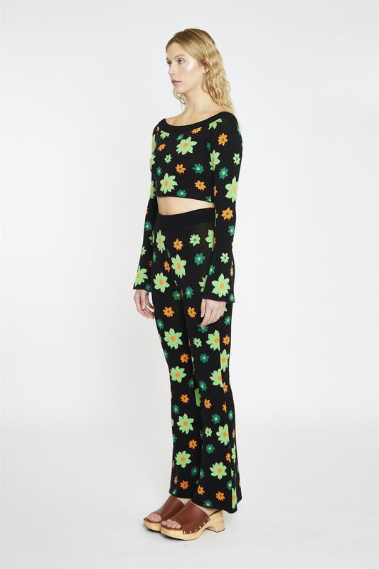 Green-Flower-Intarsia Long-Sleeve Crop-Top
