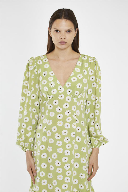 Skater Midi Dress - Olive Green Flower