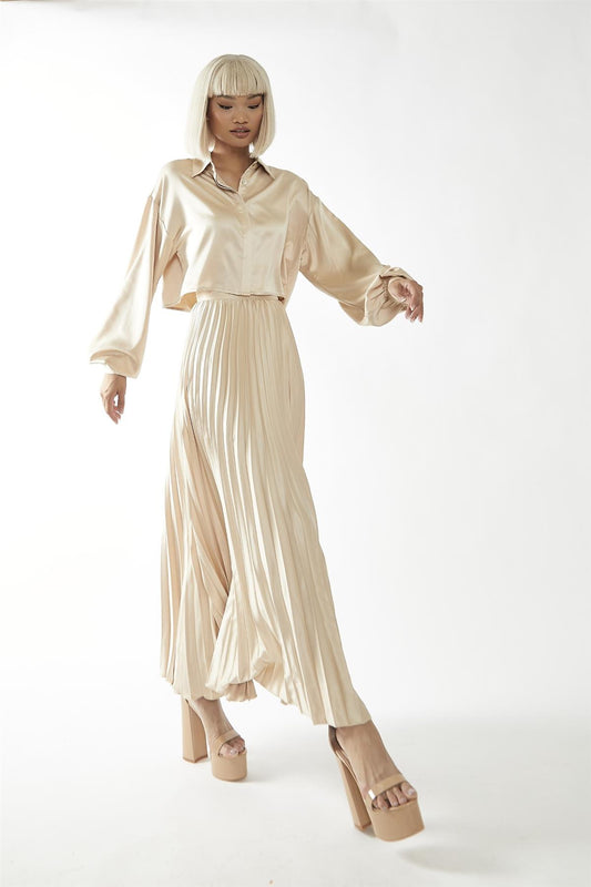 Sand Sateen High-Waist Pleated Maxi-Skirt