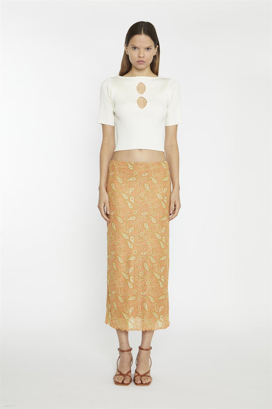 Orange Olive Paisley Mesh Low-Rise Midi-Skirt