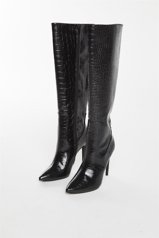 Black Croc Knee High Boot