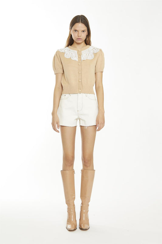 Ecru Raw-Hem High-Waisted-Shorts