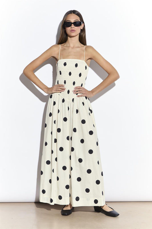 Cream Spot Shirred Dropped Waist Midi Dress