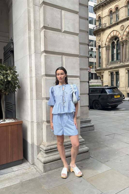 Mixed Blue Stripe Tie-Front Top