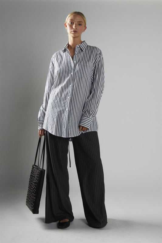Dark-Grey-Pinstripe Wide-Leg Trousers