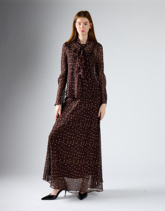 Brown Cream Spot Scarf Detail Top
