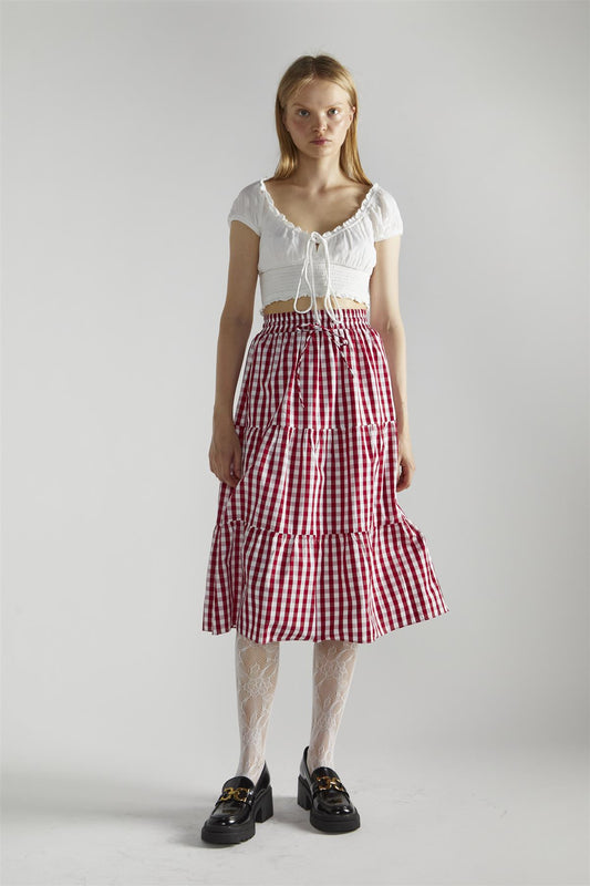 Cherry Red Gingham Pleated Midi-Skirt