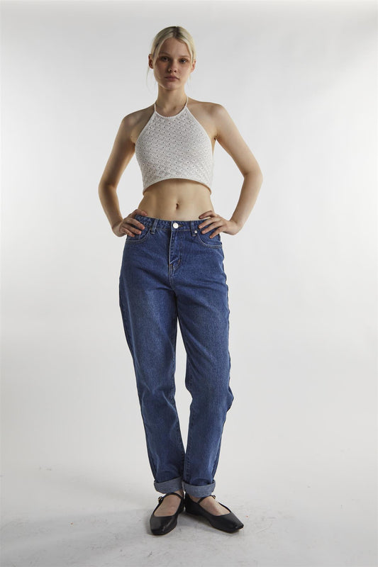 Off White Tie Neck Halter Crop-Top