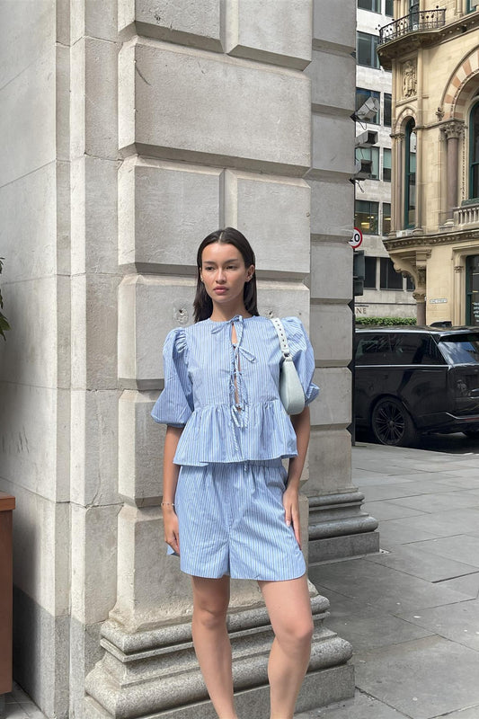 Mixed Blue Stripe Tie-Front Shorts