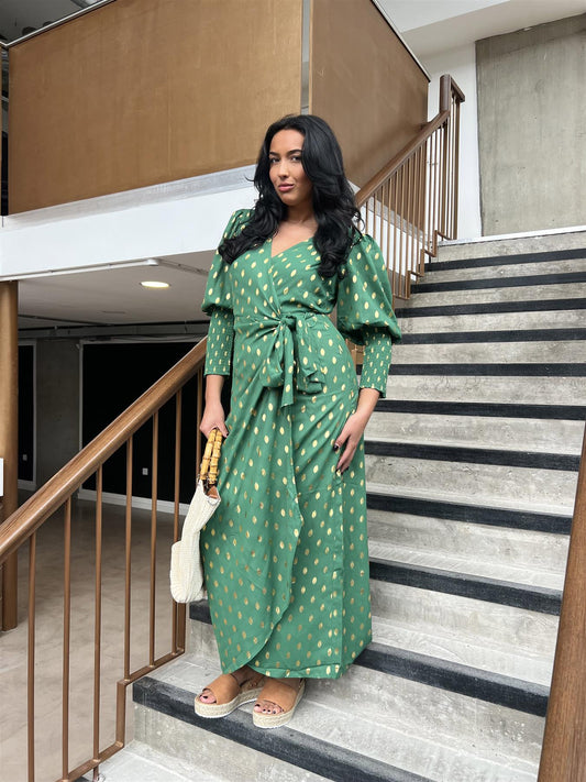 Green Mini Dot Long Sleeve Wrap Dress
