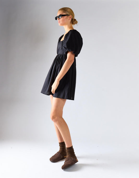Balloon Sleeve Flowy Mini Dress - Black