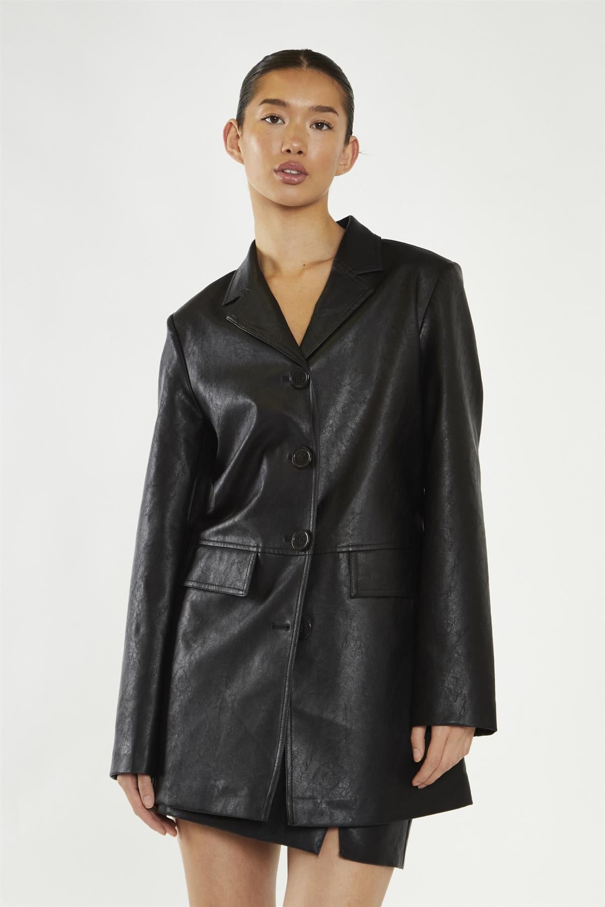 Black PU button up smart oversized blazer
