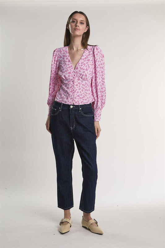 Pink-Fuschia-Ditsy Button-Front -Top