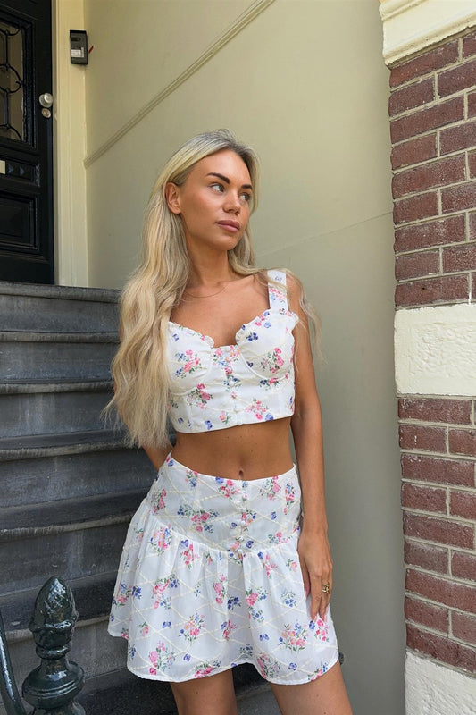 White Trellis Floral Crop-Top