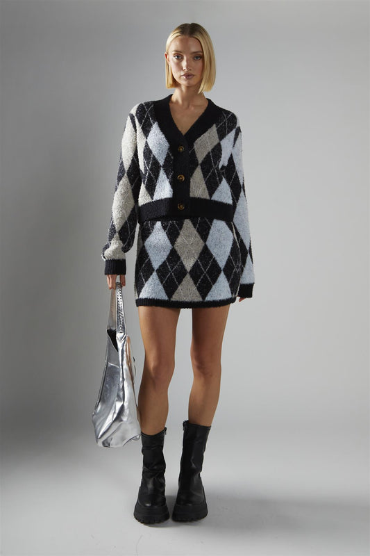 Black-Multi-Argyle Button-Down Cardigan