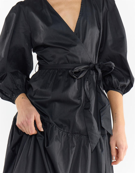 Elegant Black Tiers Wrap Over Maxi Dress