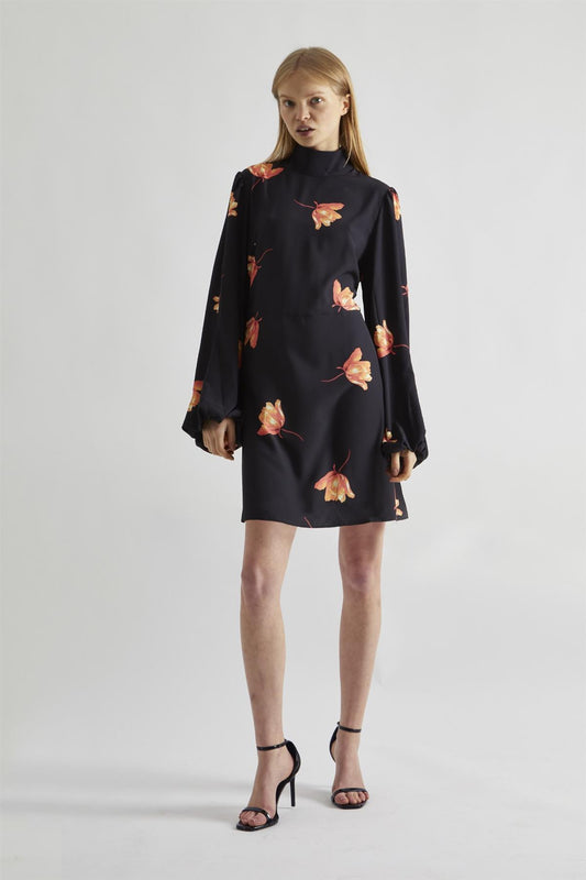 Black-Orange Flowers High-Neck Mini-Dress