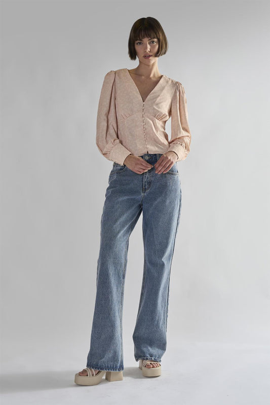 Peach-Ditsy V-Neck-Button-Up Tops