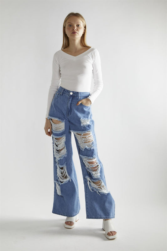 White-Rib V-Neck Long-Sleeve Top