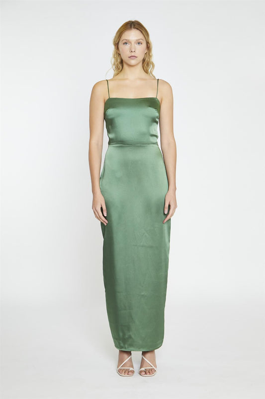 Forest Green Satin Maxi-Dress