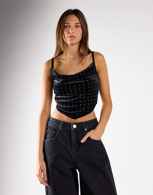 Glamorous Black Diamante Velvet Cowl Neck Cami Top with Cropped Dipped Hem
