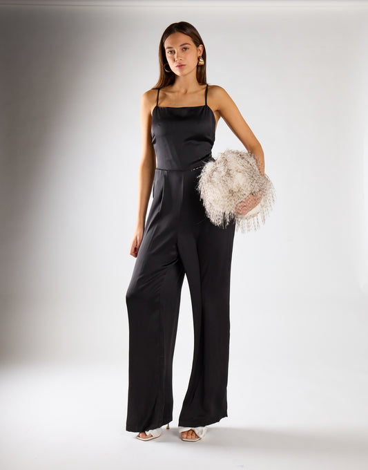 Black Wide Leg Low Tie-Back Jumpsuit