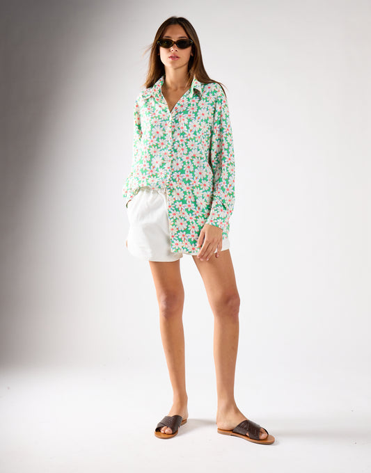 Green Daisy Collared Long Sleeve Top