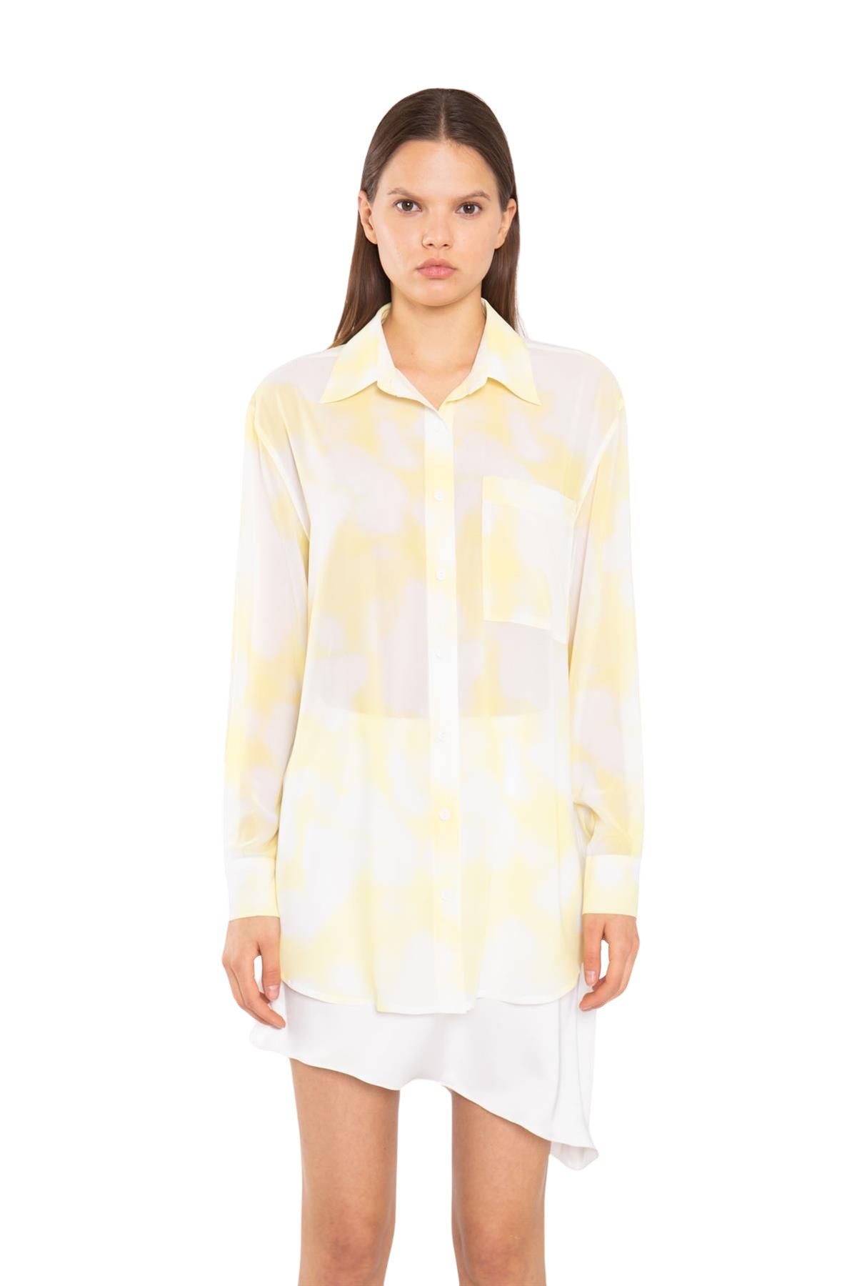 Yellow Print-Chiffon Button Down Classic-Shirt