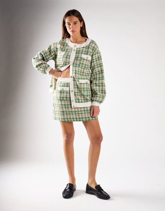 Green-Tweed-White High-Waisted Mini Skirt
