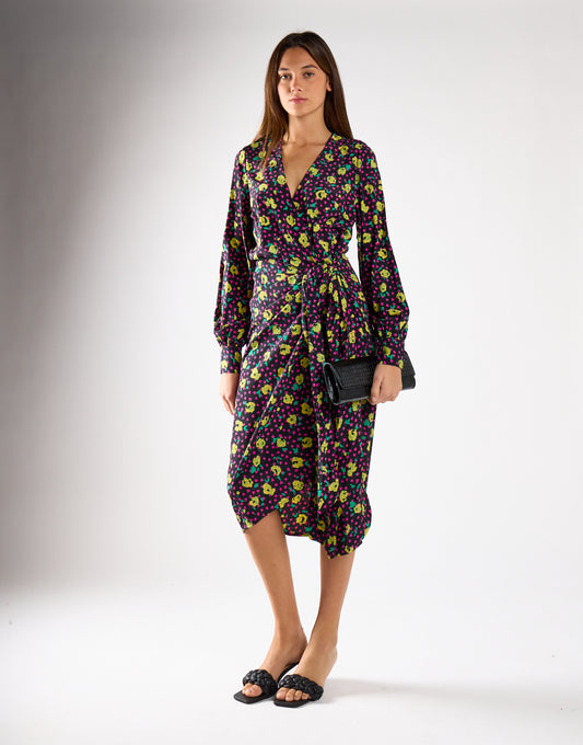 Black Multi-Roses Wrap Midi Dress
