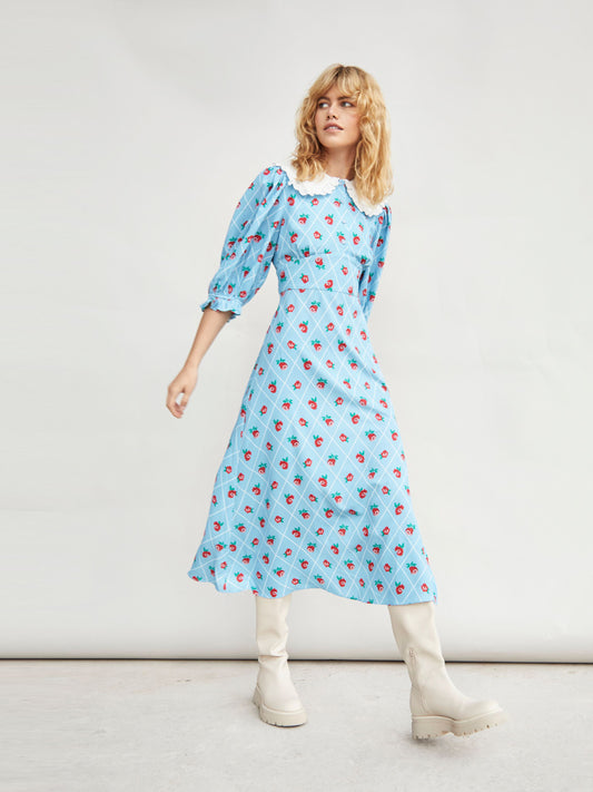 Glamorous Rose Trellis Pattern White Collar Midi Dress