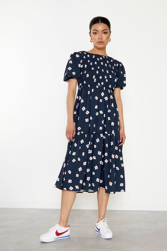 Glamorous Navy Hibiscus Short Sleeve Midi Dress
