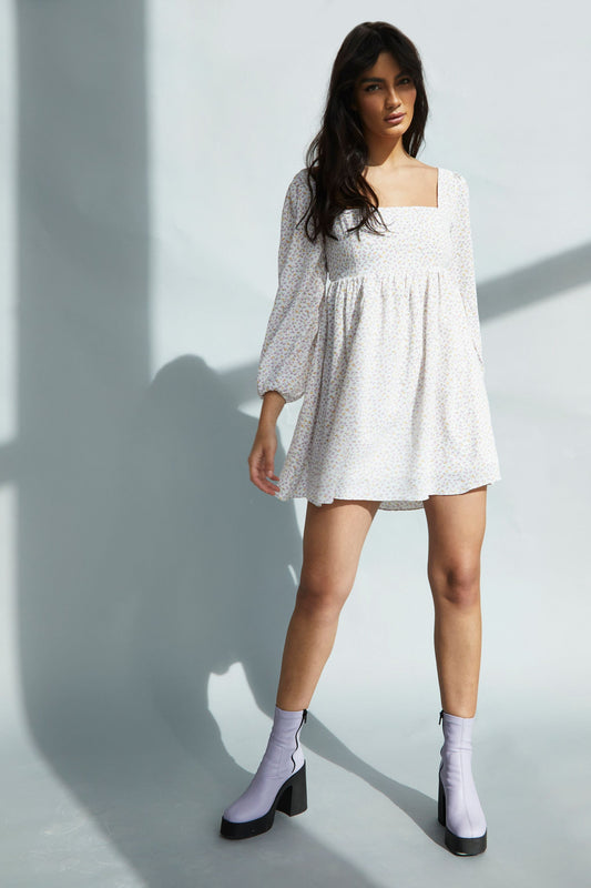 Glamorous Yellow Mini Ditsy Square Neck Shift Mini Dress