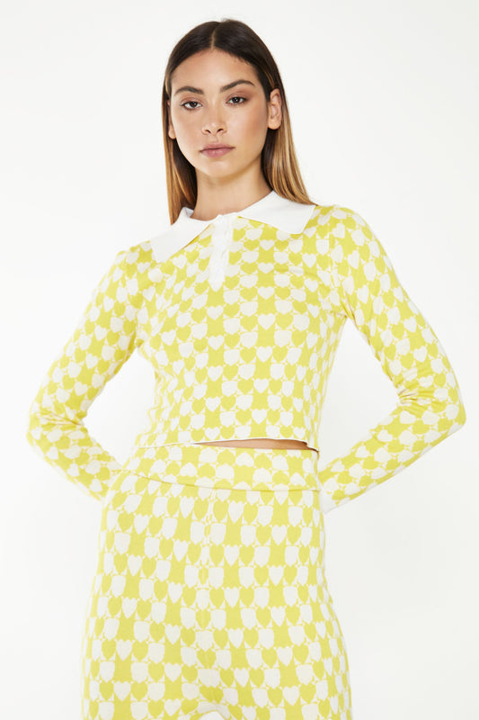 Glamorous Yellow White Heart Collar Long Sleeve Crop Top