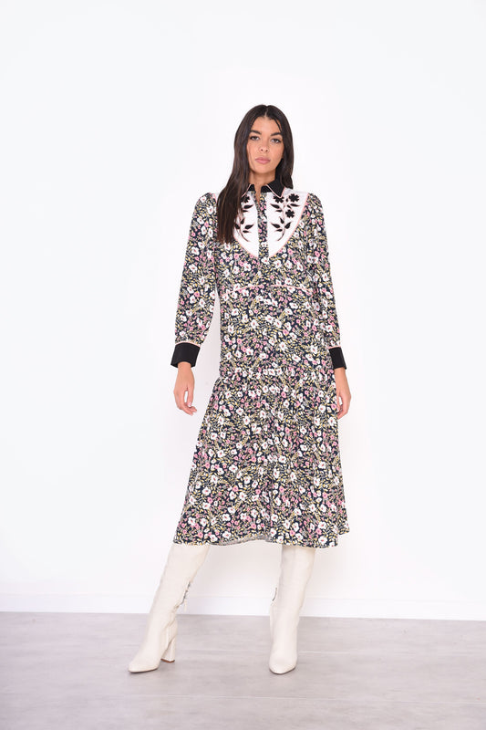 Glamorous Navy Folk Floral Black Collar Midi Dress