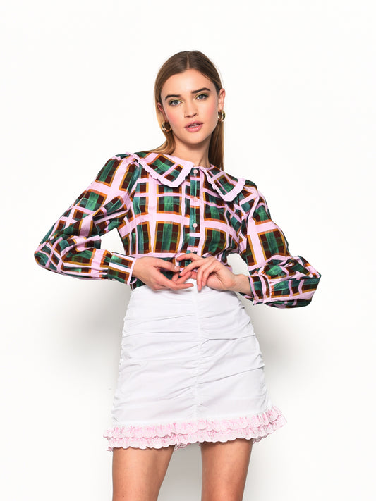 Glamorous Green Orchid Check Statement Collar Blouse